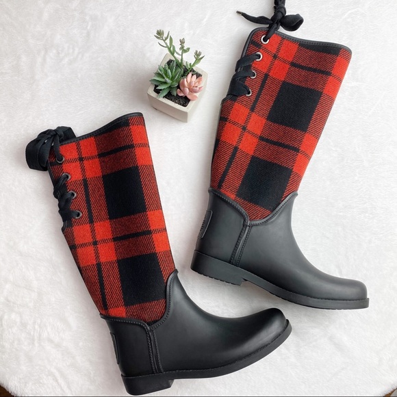 red and black plaid rain boots